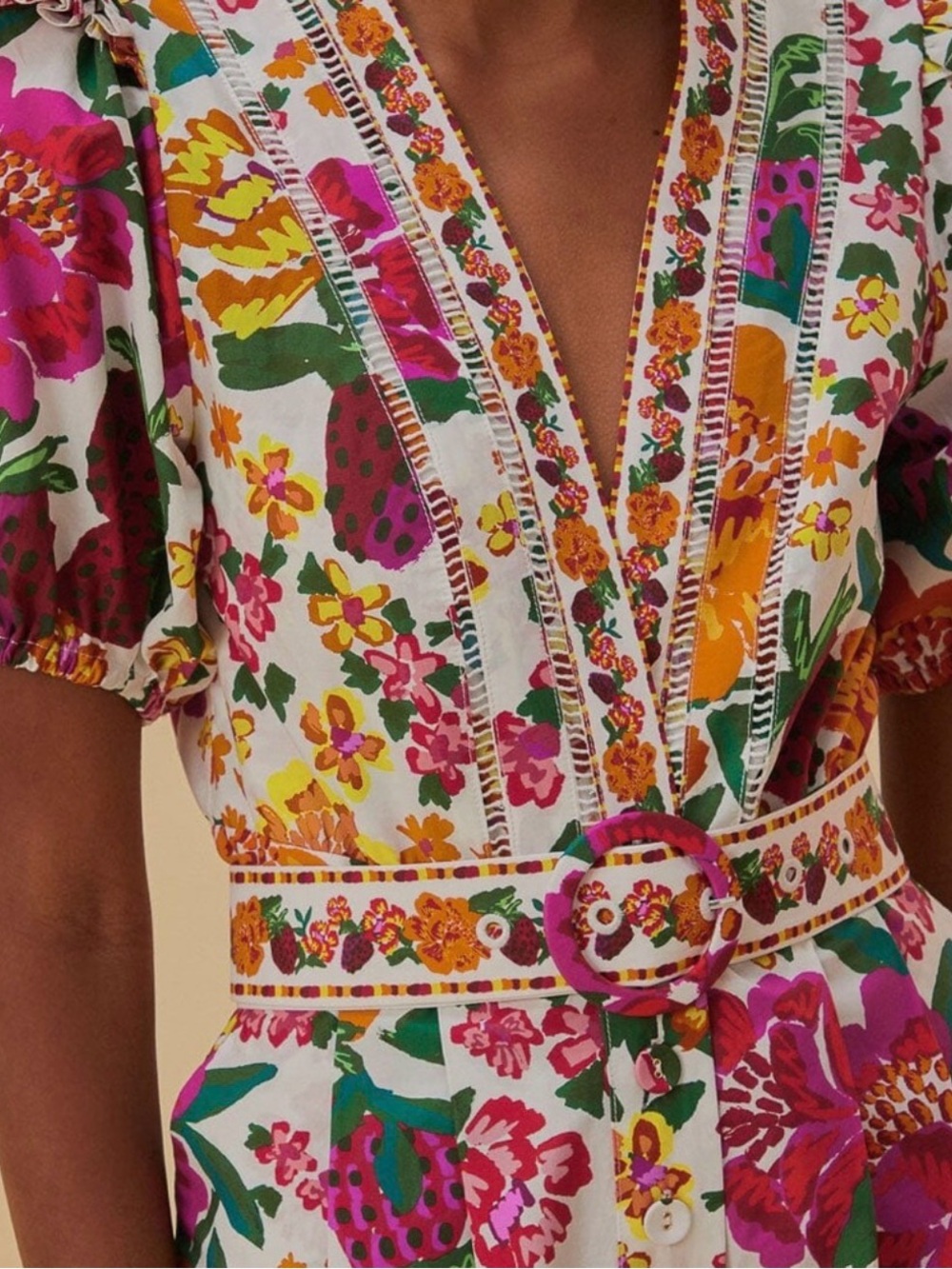 FARM Rio White Floral Belted V-Neck Romper with Pink Orange Green Accents - Picture 2 of 3